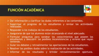 FUNCIÓN ACADÉMICA
 Dar información y clarificar las dudas referentes a los contenidos.
 Supervisar el progreso de los estudiantes y revisar las actividades
realizadas.
 Responder a los trabajos de los estudiantes.
 Asegurarse de que los alumnos están alcanzando el nivel adecuado.
 Formular preguntas para sondear los conocimientos que poseen los
estudiantes y descubrir las posibles inconsistencias y errores que vayan
teniendo.
 Guiar los debates y retroalimentar las aportaciones de los estudiantes.
 Resolver las posibles dudas sobre la realización de las actividades.
 Informar de los resultados y brindar retroalimentación oportuna.
 