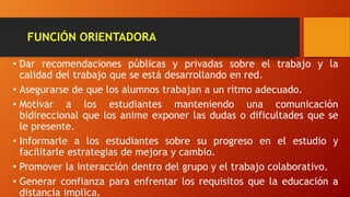 FUNCIÓN ORIENTADORA
• Dar recomendaciones públicas y privadas sobre el trabajo y la
calidad del trabajo que se está desarrollando en red.
• Asegurarse de que los alumnos trabajan a un ritmo adecuado.
• Motivar a los estudiantes manteniendo una comunicación
bidireccional que los anime exponer las dudas o dificultades que se
le presente.
• Informarle a los estudiantes sobre su progreso en el estudio y
facilitarle estrategias de mejora y cambio.
• Promover la interacción dentro del grupo y el trabajo colaborativo.
• Generar confianza para enfrentar los requisitos que la educación a
distancia implica.
 