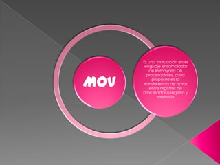 Es una instrucción en el
      lenguaje ensamblador
         de la mayoría De


MOV
        procesadores, cuyo
           propósito es la
      transferencia de datos
         entre registros de
      procesador o registro y
              memoria
 
