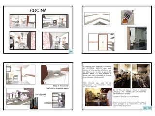 COCINA Mesa de ‘’Desconche’’ Para botar los recipientes usados CAFETERAS HORNOS Se muestran estas fotografías referenciales del RESTOBAR BRAVO, para hacer entender al lector., que los mobiliarios., que son refrigeradoras., en estos se guardan los jamones, quesos, y/o otros alimentos a utilizar, para evitar el desorden en la cocina de los empleados. (rápido acceso) Estos alimentos que están en las refrigeradoras se van extrayendo a medida que se vaya utilizando. En la fotografía superior vemos la campana extractora. POR MEDIO DE UN SISTEMA DENOMINADO ‘’BAFLE’’ Atrapara la grasa que cae en una bandeja . Las mesas de trabajo siempre estarán frías, ya que el acero quirúrgico es un material frío, y por estar encima de las refrigeradoras. 