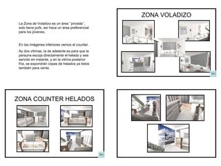ZONA VOLADIZO ZONA COUNTER HELADOS La Zona de Voladizo es un área ‘’privada’’, solo tiene pufs, así hace un área preferencial para los jóvenes,  En las imágenes inferiores vemos el counter. Ay dos vitrinas, la de adelante es para que la persona escoja directamente el helado y sea servido en instante, y en la vitrina posterior fría, se expondrán copas de helados ya listos también para venta. 