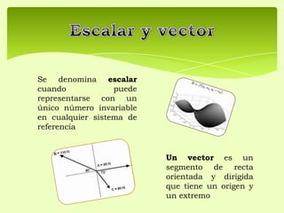 Se denomina escalar
cuando puede
representarse con un
único número invariable
en cualquier sistema de
referencia
Un vector es un
segmento de recta
orientada y dirigida
que tiene un origen y
un extremo
 