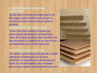 AGLOMERADO DE DENSIDAD
GRADUADA
Actúa bajo el mismo principio que la de
tres capas, pero la diferencia es que la
transición entre estas se da de manera
gradual.
AGLOMERADO DE TRES CAPAS
Tiene una placa núcleo formada por
partículas grandes que van dispuestas
entre dos capas de partículas más finas de
alta densidad. Su superficie es más suave y
recomendada para recibir pinturas.
AGLOMERADO DE UNA CAPA
Se realiza a partir de partículas de tamaño
semejante distribuidas de manera
uniforme. Su superficie es relativamente
basta. Es recomendable para enchapar
pero no para pintar directamente sobre él.

 
