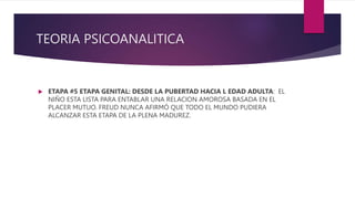 TEORIA PSICOANALITICA
 ETAPA #5 ETAPA GENITAL: DESDE LA PUBERTAD HACIA L EDAD ADULTA: EL
NIÑO ESTA LISTA PARA ENTABLAR UNA RELACION AMOROSA BASADA EN EL
PLACER MUTUO. FREUD NUNCA AFIRMÓ QUE TODO EL MUNDO PUDIERA
ALCANZAR ESTA ETAPA DE LA PLENA MADUREZ.
 