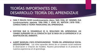 TEORÍAS IMPORTANTES DEL
DESARROLLO: TEORÍA DEL APRENDIZAJE
 IVAN P. PAVLOV, RUSO (condicionamiento clásico 1849-1936), B.F. SKINNER, EUA
(condicionamiento operante 1904-1990) Y JOHN NY, WATSON (1878-1958) :
CONDUCTISMO O TEORÍA TRADICIONAL DEL APRENDIZAJE:
 SOSTIENE QUE EL DESARROLLO ES EL RESULTADO DEL APRENDIZAJE, UN
CAMBIO DURADERO EN LA CONDUCTA QUE SE BASA EN LA EXPERIENCIA O LA
ADAPTACIÓN DEL AMBIENTE.
 ALBERT BANDURA (1925) ESTADOUNIDENSE: TEORÍA DEL APRENDIZAJE SOCIAL
(SOCIOCOGNITIVA): Los niños aprenden dentro de un contexto social mediante
la observación e irritación de modelos. Nuestra personalidad es el producto de
nuestras experiencias en el aprendizaje.
 