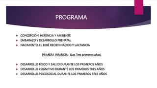 PROGRAMA
 CONCEPCIÓN, HERENCIA Y AMBIENTE
 EMBARAZO Y DESARROLLO PRENATAL
 NACIMIENTO, EL BEBÉ RECIEN NACIDO Y LACTANCIA
PRIMERA INFANCIA: (Los Tres primeros años)
 DESARROLLO FÍSICO Y SALUD DURANTE LOS PRIMEROS AÑOS
 DESARROLLO COGNITIVO DURANTE LOS PRIMEROS TRES AÑOS
 DESARROLLO PSICOSOCIAL DURANTE LOS PRIMEROS TRES AÑOS
 