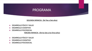 PROGRAMA
SEGUNDA INFANCIA: (De Tres a Seis años)
 DESARROLLO FÍSICO Y SALUD
 DESARROLLO COGNITIVO
 DESARROLLO PSICOSOCIAL
TERCERA INFANCIA: (De los Seis a los Once años)
 DESARROLLO FÍSICO Y SALUD
 DESARROLLO COGNITIVO
 DESARROLLO PSICOSOCIAL
 