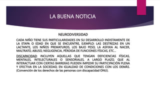 LA BUENA NOTICIA
NEURODIVERSIDAD
CADA NIÑO TIENE SUS PARTICULARIDADES EN SU DESARROLLO INDISTAMENTE DE
LA ETAPA O EDAD EN QUE SE ENCUENTRE, EJEMPLO: LAS DESTREZAS EN UN
LACTANTE, LOS NIÑOS PREMATUROS, LOS BAJO PESO, LA ASFIXIA AL NACER,
MALTRATO, ABUSO, NEGLIGENCIA, PÉRDIDA DE FUNCIONES FÍSICAS, ETC…
DISCAPACIDAD: INCLUYEN AQUELLAS QUE TENGAN DEFICIENCIAS FÍSICAS,
MENTALES, INTELECTURALES O SENSORIALES, A LARGO PLAZO, QUE AL
INTERACTUAR CON CIERTAS BARRERAS PUEDEN IMPEDIR SU PARTICIPACIÓN PLENA
Y EFECTIVA EN LA SOCIEDAD, EN IGUALDAD DE CONDICIONES CON LOS DEMÁS.
(Convención de los derechos de las personas con discapacidad ONU).
 