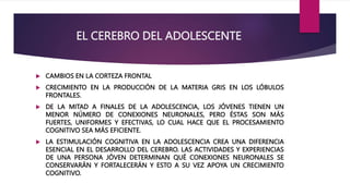 EL CEREBRO DEL ADOLESCENTE
 CAMBIOS EN LA CORTEZA FRONTAL
 CRECIMIENTO EN LA PRODUCCIÓN DE LA MATERIA GRIS EN LOS LÓBULOS
FRONTALES.
 DE LA MITAD A FINALES DE LA ADOLESCENCIA, LOS JÓVENES TIENEN UN
MENOR NÚMERO DE CONEXIONES NEURONALES, PERO ÉSTAS SON MÁS
FUERTES, UNIFORMES Y EFECTIVAS, LO CUAL HACE QUE EL PROCESAMIENTO
COGNITIVO SEA MÁS EFICIENTE.
 LA ESTIMULACIÓN COGNITIVA EN LA ADOLESCENCIA CREA UNA DIFERENCIA
ESENCIAL EN EL DESARROLLO DEL CEREBRO. LAS ACTIVIDADES Y EXPERIENCIAS
DE UNA PERSONA JÓVEN DETERMINAN QUÉ CONEXIONES NEURONALES SE
CONSERVARÁN Y FORTALECERÁN Y ESTO A SU VEZ APOYA UN CRECIMIENTO
COGNITIVO.
 