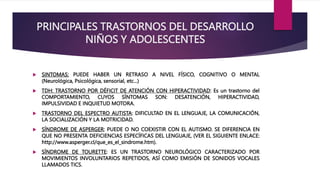 PRINCIPALES TRASTORNOS DEL DESARROLLO
NIÑOS Y ADOLESCENTES
 SINTOMAS: PUEDE HABER UN RETRASO A NIVEL FÍSICO, COGNITIVO O MENTAL
(Neurológica, Psicológica, sensorial, etc...)
 TDH: TRASTORNO POR DÉFICIT DE ATENCIÓN CON HIPERACTIVIDAD: Es un trastorno del
COMPORTAMIENTO, CUYOS SÍNTOMAS SON: DESATENCIÓN, HIPERACTIVIDAD,
IMPULSIVIDAD E INQUIETUD MOTORA.
 TRASTORNO DEL ESPECTRO AUTISTA: DIFICULTAD EN EL LENGUAJE, LA COMUNICACIÓN,
LA SOCIALIZACIÓN Y LA MOTRICIDAD.
 SÍNDROME DE ASPERGER: PUEDE O NO COEXISTIR CON EL AUTISMO. SE DIFERENCIA EN
QUE NO PRESENTA DEFICIENCIAS ESPECÍFICAS DEL LENGUAJE, (VER EL SIGUIENTE ENLACE:
http://www.asperger.cl/que_es_el_sindrome.htm).
 SÍNDROME DE TOURETTE: ES UN TRASTORNO NEUROLÓGICO CARACTERIZADO POR
MOVIMIENTOS INVOLUNTARIOS REPETIDOS, ASÍ COMO EMISIÓN DE SONIDOS VOCALES
LLAMADOS TICS.
 