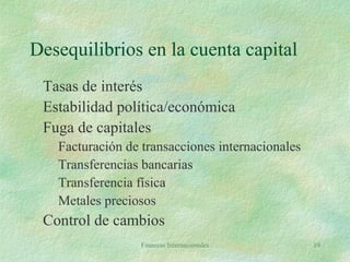 Finanzas Internacionales 19
Desequilibrios en la cuenta capital
Tasas de interés
Estabilidad política/económica
Fuga de capitales
Facturación de transacciones internacionales
Transferencias bancarias
Transferencia física
Metales preciosos
Control de cambios
 