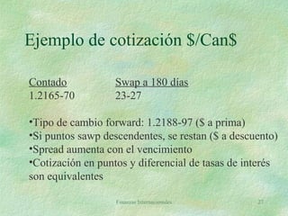 Finanzas Internacionales 27
Ejemplo de cotización $/Can$
Contado Swap a 180 días
1.2165-70 23-27
•Tipo de cambio forward: 1.2188-97 ($ a prima)
•Si puntos sawp descendentes, se restan ($ a descuento)
•Spread aumenta con el vencimiento
•Cotización en puntos y diferencial de tasas de interés
son equivalentes
 