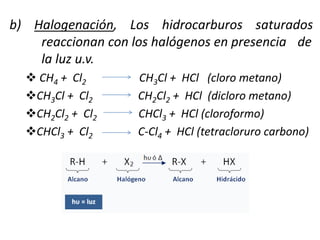 b) Halogenación, Los hidrocarburos saturados
reaccionan con los halógenos en presencia de
la luz u.v.
 CH4 + Cl2 CH3Cl + HCl (cloro metano)
CH3Cl + Cl2 CH2Cl2 + HCl (dicloro metano)
CH2Cl2 + Cl2 CHCl3 + HCl (cloroformo)
CHCl3 + Cl2 C-Cl4 + HCl (tetracloruro carbono)
 
