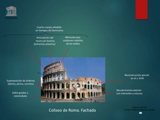 Claseshistoria
Historia del Arte
© 2006 Guillermo Méndez Zapata
Coliseo de Roma. Fachada
Cuarto cuerpo añadido
en tiempos de Domiciano
Sobre gradas o
estereobato
Superposición de órdenes
(dórico, jónico, corintio)
Articulación del
muro con lesenas
(estrechas pilastras)
Ménsulas que
sostienen mástiles
de los toldos
Recubrimiento exterior
con mármoles y estucos
Reconstrucción parcial
en el s. XVIII
 