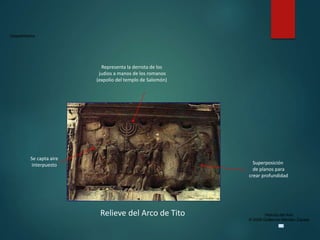 Claseshistoria
Historia del Arte
© 2006 Guillermo Méndez Zapata
Relieve del Arco de Tito
Superposición
de planos para
crear profundidad
Se capta aire
interpuesto
Representa la derrota de los
judios a manos de los romanos
(expolio del templo de Salomón)
 