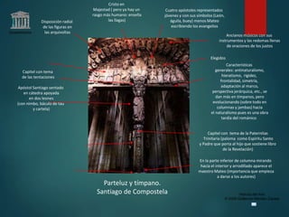 Claseshistoria
Historia del Arte
© 2006 Guillermo Méndez Zapata
Parteluz y tímpano.
Santiago de Compostela
Apóstol Santiago sentado
en cátedra apoyada
en dos leones
(con nimbo, báculo de tau
y cartela)
Cristo en
Majestad ( pero ya hay un
rasgo más humano: enseña
las llagas)
Ancianos músicos con sus
instrumentos y las redomas llenas
de oraciones de los justos
Elegidos
Capitel con tema
de las tentaciones
Capitel con tema de la Paternitas
Trinitaria (paloma como Espíritu Santo
y Padre que porta al hijo que sostiene libro
de la Revelación)
Cuatro apóstoles representados
jóvenes y con sus símbolos (León,
águila, buey) menos Mateo
escribiendo los evangelios
Características
generales: antinaturalismo,
hieratismo, rigidez,
frontalidad, simetría,
adaptación al marco,
perspectiva jerárquica, etc., se
dan más en tímpanos, pero
evolucionando (sobre todo en
columnas y jambas) hacia
el naturalismo pues es una obra
tardía del románico
Disposición radial
de las figuras en
las arquivoltas
En la parte inferior de columna mirando
hacia el interior y arrodillado aparece el
maestro Mateo (importancia que empieza
a darse a los autores)
 