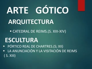 ARTE GÓTICO
ARQUITECTURA
 CATEDRAL DE REIMS.(S. XIII-XIV)
ESCULTURA
 PÓRTICO REAL DE CHARTRES.(S; XII)
 LA ANUNCIACIÓN Y LA VISITACIÓN DE REIMS
( S. XIII)
 