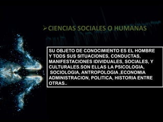 CIENCIAS SOCIALES O HUMANAS
SU OBJETO DE CONOCIMIENTO ES EL HOMBRE
Y TODS SUS SITUACIONES, CONDUCTAS,
MANIFESTACIONES IDIVIDUALES, SOCIALES, Y
CULTURALES.SON ELLAS LA PSICOLOGIA,
SOCIOLOGIA, ANTROPOLOGIA ,ECONOMIA
ADMINISTRACION, POLITICA, HISTORIA ENTRE
OTRAS..
 