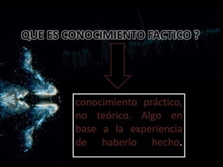 QUE ES CONOCIMIENTO FACTICO ?
conocimiento práctico,
no teórico. Algo en
base a la experiencia
de haberlo hecho.
 