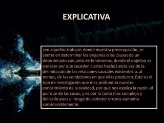 EXPLICATIVA
son aquellos trabajos donde muestra preocupación, se
centra en determinar los orígenes o las causas de un
determinado conjunto de fenómenos, donde el objetivo es
conocer por que suceden ciertos hechos atrás ves de la
delimitación de las relaciones causales existentes o, al
menos, de las condiciones en que ellas producen. Este es el
tipo de investigación que mas profundiza nuestro
conocimiento de la realidad, por que nos explica la razón, el
por que de las cosas, y es por lo tanto mas complejo y
delicado pues el riesgo de cometer errores aumenta
considerablemente.
 