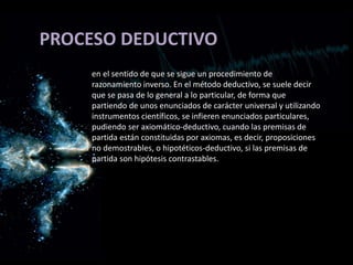 PROCESO DEDUCTIVO
en el sentido de que se sigue un procedimiento de
razonamiento inverso. En el método deductivo, se suele decir
que se pasa de lo general a lo particular, de forma que
partiendo de unos enunciados de carácter universal y utilizando
instrumentos científicos, se infieren enunciados particulares,
pudiendo ser axiomático-deductivo, cuando las premisas de
partida están constituidas por axiomas, es decir, proposiciones
no demostrables, o hipotéticos-deductivo, si las premisas de
partida son hipótesis contrastables.
 
