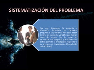 SISTEMATIZACIÓN DEL PROBLEMA
Es necesario descomponer o desagregar la pregunta o afirmación formulada anteriormente en pequeñas preguntas o subproblemas Pa
hay que desagregar la pregunta o
afirmación formulada en pequeñas
preguntas o su problemas Para esto, deben
tenerse en cuenta las variables que forman
parte del mismo. Por lo tanto, las
respuestas a las preguntas que se formulan,
deben permitir al investigador responder a
su pregunta de investigación (formulación
del problema).
 