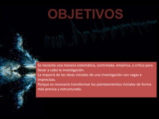 OBJETIVOS
Se necesita una manera sistemática, controlada, empírica, y critica para llevar a cabo la investigación.
La mayoría de las ideas iniciales de una investigación son vagas e imprecisas.
Porque es necesario transformar los planteamientos iníciales de forma más precisa y estructurada.
Se necesita una manera sistemática, controlada, empírica, y critica para llevar a cabo la investigación.
La mayoría de las ideas iniciales de una investigación son vagas e imprecisas.
Porque es necesario transformar los planteamientos iníciales de forma más precisa y estructurada.
Se necesita una manera sistemática, controlada, empírica, y critica para llevar a cabo la investigación.
La mayoría de las ideas iniciales de una investigación son vagas e imprecisas.
Porque es necesario transformar los planteamientos iníciales de forma más precisa y estructurada.
Se necesita una manera sistemática, controlada, empírica, y critica para llevar a cabo la investigación.
La mayoría de las ideas iniciales de una investigación son vagas e imprecisas.
Porque es necesario transformar los planteamientos iníciales de forma más precisa y estructurada.
Se necesita una manera sistemática, controlada, empírica, y critica para
llevar a cabo la investigación.
La mayoría de las ideas iníciales de una investigación son vagas e
imprecisas.
Porque es necesario transformar los planteamientos iníciales de forma
más precisa y estructurada.
 