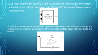 • Los interruptores dan acceso a una red sumadora resistiva que convierten
cada bit en su valor en corriente y a continuación la suma obteniendo una
corriente total.
El valor total alimenta a un amplificador operacional que realiza la conversión a voltaje y el
escalamiento de la salida. Cada resistor de la rama esta ajustado según el bit que tenga a la
entrada
 