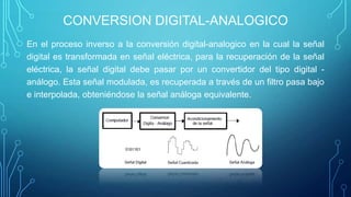 CONVERSION DIGITAL-ANALOGICO
En el proceso inverso a la conversión digital-analogico en la cual la señal
digital es transformada en señal eléctrica, para la recuperación de la señal
eléctrica, la señal digital debe pasar por un convertidor del tipo digital -
análogo. Esta señal modulada, es recuperada a través de un filtro pasa bajo
e interpolada, obteniéndose la señal análoga equivalente.
 