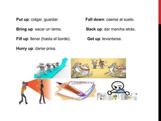 Put up: colgar, guardar. Fall down: caerse al suelo.
Bring up: sacar un tema. Back up: dar marcha atrás.
Fill up: llenar (hasta el borde). Get up: levantarse.
Hurry up: darse prisa.
 