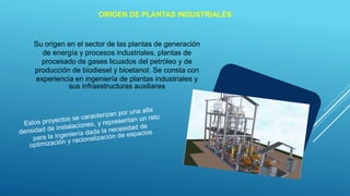 ORIGEN DE PLANTAS INDUSTRIALES
Su origen en el sector de las plantas de generación
de energía y procesos industriales, plantas de
procesado de gases licuados del petróleo y de
producción de biodiesel y bioetanol. Se consta con
experiencia en ingeniería de plantas industriales y
sus infraestructuras auxiliares
 