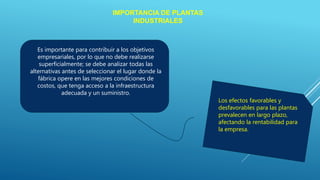 IMPORTANCIA DE PLANTAS
INDUSTRIALES
Es importante para contribuir a los objetivos
empresariales, por lo que no debe realizarse
superficialmente; se debe analizar todas las
alternativas antes de seleccionar el lugar donde la
fábrica opere en las mejores condiciones de
costos, que tenga acceso a la infraestructura
adecuada y un suministro.
Los efectos favorables y
desfavorables para las plantas
prevalecen en largo plazo,
afectando la rentabilidad para
la empresa.
 