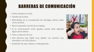 BARRERAS DE COMUNICACIÓN
• Textos siempre en tinta.
• Tamaño de la letra.
• Dificultades en la comprensión de mensajes, tantos orales
como escritos.
• Para la expresión escrita de su trabajo.
• Si la comunicación entre iguales, puede estar dejando
algún aluno afuera.
• Tono y volumen de voz.
• Una persona que hable muy rápido, con acentos muy
marcados o en otro idioma.
• Ambiente de aula ruidoso e indisciplinado.
 
