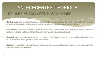 ANTECEDENTES TEÓRICOS.
LESIONES MUSCULARES MÁS COMUNES.
Contusiones: son el aplastamiento de algún tejido por compresión. Se ponen de manifiesto por dolor
en la zona lesionada y un hematoma que irá cambiando paulatinamente de coloración.
Calambres: son contracciones bruscas del músculo que comprimen fibras sensitivas dejando secuelas
(dolores residuo), pudiendo derivar éstas en otro tipo de lesión (contractura).
Distensiones: son más comúnmente conocidas como “tirones”, y se producen al rebasar la elasticidad
de un músculo o de un grupo de fibras musculares.
Agujetas: son dolores punzantes que suelen surgir después del ejercicio físico severo o abusivo. Son
más dolorosas a las 48 horas.

 