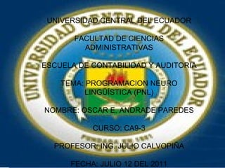 UNIVERSIDAD CENTRAL DEL ECUADOR FACULTAD DE CIENCIAS ADMINISTRATIVAS ESCUELA DE CONTABILIDAD Y AUDITORIA TEMA: PROGRAMACION NEURO LINGÜÍSTICA (PNL) NOMBRE: OSCAR E. ANDRADE PAREDES CURSO: CA9-3 PROFESOR: ING. JULIO CALVOPIÑA FECHA: JULIO 12 DEL 2011 