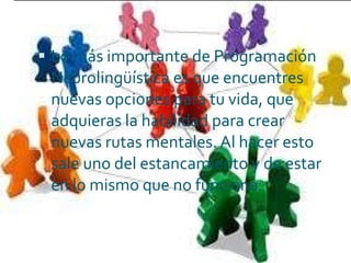 Lo más importante de Programación Neurolingüística es que encuentres nuevas opciones para tu vida, que adquieras la habilidad para crear nuevas rutas mentales. Al hacer esto sale uno del estancamiento y de estar en lo mismo que no funciona. 