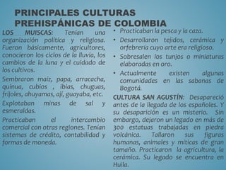 PRINCIPALES CULTURAS
PREHISPÁNICAS DE COLOMBIA
• Practicaban la pesca y la caza.
• Desarrollaron tejidos, cerámica y
orfebrería cuyo arte era religioso.
• Sobresalen los tunjos o miniaturas
elaboradas en oro.
• Actualmente existen algunas
comunidades en las sabanas de
Bogotá.
CULTURA SAN AGUSTÍN: Desapareció
antes de la llegada de los españoles. Y
su desaparición es un misterio. Sin
embargo, dejaron un legado en más de
300 estatuas trabajadas en piedra
volcánica. Tallaron sus figuras
humanas, animales y míticas de gran
tamaño. Practicaron la agricultura, la
cerámica. Su legado se encuentra en
Huila.
LOS MUISCAS: Tenían una
organización política y religiosa.
Fueron básicamente, agricultores,
conocieron los ciclos de la lluvia, los
cambios de la luna y el cuidado de
los cultivos.
Sembraron maíz, papa, arracacha,
quinua, cubios , ibias, chuguas,
frijoles, ahuyamas, ají, guayaba, etc.
Explotaban minas de sal y
esmeraldas.
Practicaban el intercambio
comercial con otras regiones. Tenían
sistemas de crédito, contabilidad y
formas de moneda.
 