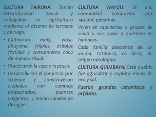 CULTURA WAYÚU: Es una
comunidad compuesta por
144.000 personas.
Viven en rancherías o grupos de
cinco o seis casas y duermen en
hamacas.
Cada familia desciende de un
animal totémico, es decir, de
origen mitológico.
CULTURA QUIMBAYA: Este pueblo
fue agricultor y explotó minas de
oro y sal.
Fueron grandes ceramistas y
orfebres.
CULTURA TAIRONA: Tenían
estratificación social y
trabajaban la agricultura
mediante el sistema de terrazas
y de riego.
• Cultivaron maíz, yuca,
ahuyama, fríjoles, árboles
frutales y consumieron coca
de manera ritual.
• Practicaron la caza y la pesca.
• Desarrollaron el comercio por
trueque y construyeron
ciudades con caminos
empedrados, puentes
colgantes, y tenían canales de
desague.
 