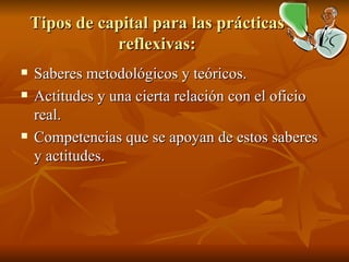 Tipos de capital para las prácticas reflexivas: Saberes metodológicos y teóricos. Actitudes y una cierta relación con el oficio real. Competencias que se apoyan de estos saberes y actitudes. 