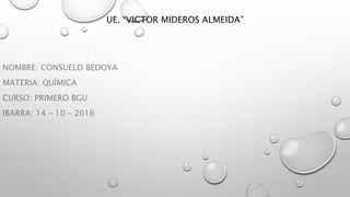 UE. “VICTOR MIDEROS ALMEIDA”
NOMBRE: CONSUELO BEDOYA
MATERIA: QUÍMICA
CURSO: PRIMERO BGU
IBARRA: 14 – 10 – 2016
 