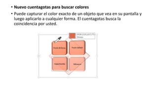 • Nuevo cuentagotas para buscar colores
• Puede capturar el color exacto de un objeto que vea en su pantalla y
luego aplicarlo a cualquier forma. El cuentagotas busca la
coincidencia por usted.
 