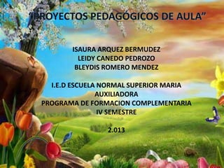 ISAURA ARQUEZ BERMUDEZ
LEIDY CANEDO PEDROZO
BLEYDIS ROMERO MENDEZ
I.E.D ESCUELA NORMAL SUPERIOR MARIA
AUXILIADORA
PROGRAMA DE FORMACION COMPLEMENTARIA
IV SEMESTRE

2.013

 