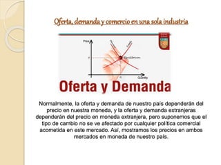 Oferta, demanday comercio en una solaindustria
Normalmente, la oferta y demanda de nuestro país dependerán del
precio en nuestra moneda, y la oferta y demanda extranjeras
dependerán del precio en moneda extranjera, pero suponemos que el
tipo de cambio no se ve afectado por cualquier política comercial
acometida en este mercado. Así, mostramos los precios en ambos
mercados en moneda de nuestro país.
 