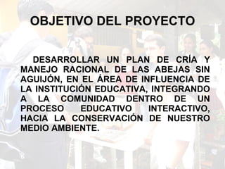 OBJETIVO DEL PROYECTO DESARROLLAR UN PLAN DE CRÍA Y MANEJO RACIONAL DE LAS ABEJAS SIN AGUIJÓN, EN EL ÁREA DE INFLUENCIA DE LA INSTITUCIÓN EDUCATIVA, INTEGRANDO A LA COMUNIDAD DENTRO DE UN PROCESO EDUCATIVO INTERACTIVO, HACIA LA CONSERVACIÓN DE NUESTRO MEDIO AMBIENTE.  
