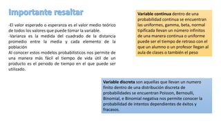 -El valor esperado o esperanza es el valor medio teórico
de todos los valores que puede tomar la variable.
-Varianza es la medida del cuadrado de la distancia
promedio entre la media y cada elemento de la
población
Al conocer estos modelos probabilísticos nos permite de
una manera más fácil el tiempo de vida útil de un
producto es el perıodo de tiempo en el que puede ser
utilizado.
Variable continua dentro de una
probabilidad continua se encuentran
las uniformes, gamma, beta, normal
tipificada llevan un número infinitos
de una manera continua o uniforme
puede ser el tiempo de retraso con el
que un alumno o un profesor llegan al
aula de clases o también el peso
Variable discreta son aquellas que llevan un numero
finito dentro de una distribución discreta de
probabilidades se encuentran Poisson, Bernoulli,
Binomial, e Binomial negativa nos permite conocer la
probabilidad de intentos dependientes de éxitos y
fracasos.
 