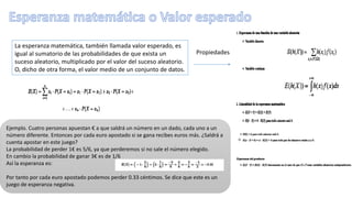 La esperanza matemática, también llamada valor esperado, es
igual al sumatorio de las probabilidades de que exista un
suceso aleatorio, multiplicado por el valor del suceso aleatorio.
O, dicho de otra forma, el valor medio de un conjunto de datos.
Propiedades
Ejemplo. Cuatro personas apuestan € a que saldrá un número en un dado, cada uno a un
número diferente. Entonces por cada euro apostado si se gana recibes euros más. ¿Saldrá a
cuenta apostar en este juego?
La probabilidad de perder 1€ es 5/6, ya que perderemos si no sale el número elegido.
En cambio la probabilidad de ganar 3€ es de 1/6
Así la esperanza es:
Por tanto por cada euro apostado podemos perder 0.33 céntimos. Se dice que este es un
juego de esperanza negativa.
 