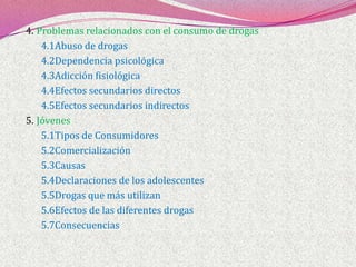 4.	Problemas relacionados con el consumo de drogas4.1Abuso de drogas4.2Dependencia psicológica4.3Adicción fisiológica4.4Efectos secundarios directos4.5Efectos secundarios indirectos5.	Jóvenes5.1Tipos de Consumidores5.2Comercialización5.3Causas5.4Declaraciones de los adolescentes5.5Drogas que más utilizan5.6Efectos de las diferentes drogas5.7Consecuencias