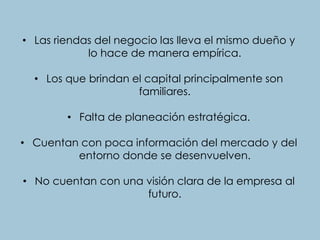 • Las riendas del negocio las lleva el mismo dueño y
lo hace de manera empírica.
• Los que brindan el capital principalmente son
familiares.
• Falta de planeación estratégica.
• Cuentan con poca información del mercado y del
entorno donde se desenvuelven.
• No cuentan con una visión clara de la empresa al
futuro.
 