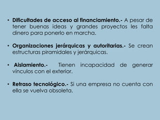 • Dificultades de acceso al financiamiento.- A pesar de
tener buenas ideas y grandes proyectos les falta
dinero para ponerlo en marcha.
• Organizaciones jerárquicas y autoritarias.- Se crean
estructuras piramidales y jerárquicas.
• Aislamiento.- Tienen incapacidad de generar
vínculos con el exterior.
• Retraso tecnológico.- Si una empresa no cuenta con
ella se vuelva obsoleta.
 