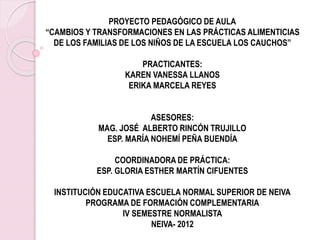 PROYECTO PEDAGÓGICO DE AULA
“CAMBIOS Y TRANSFORMACIONES EN LAS PRÁCTICAS ALIMENTICIAS
DE LOS FAMILIAS DE LOS NIÑOS DE LA ESCUELA LOS CAUCHOS”
PRACTICANTES:
KAREN VANESSA LLANOS
ERIKA MARCELA REYES
ASESORES:
MAG. JOSÉ ALBERTO RINCÓN TRUJILLO
ESP. MARÍA NOHEMÍ PEÑA BUENDÍA
COORDINADORA DE PRÁCTICA:
ESP. GLORIA ESTHER MARTÍN CIFUENTES
INSTITUCIÓN EDUCATIVA ESCUELA NORMAL SUPERIOR DE NEIVA
PROGRAMA DE FORMACIÓN COMPLEMENTARIA
IV SEMESTRE NORMALISTA
NEIVA- 2012
 